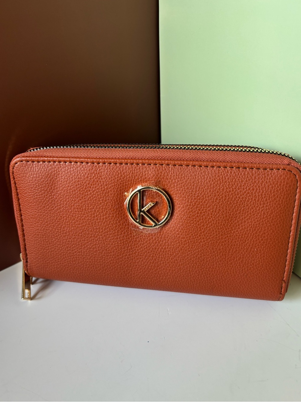 KENSIE K-Emblem Zip Wallet - Burnt Orange, EUC Sticker On Logo